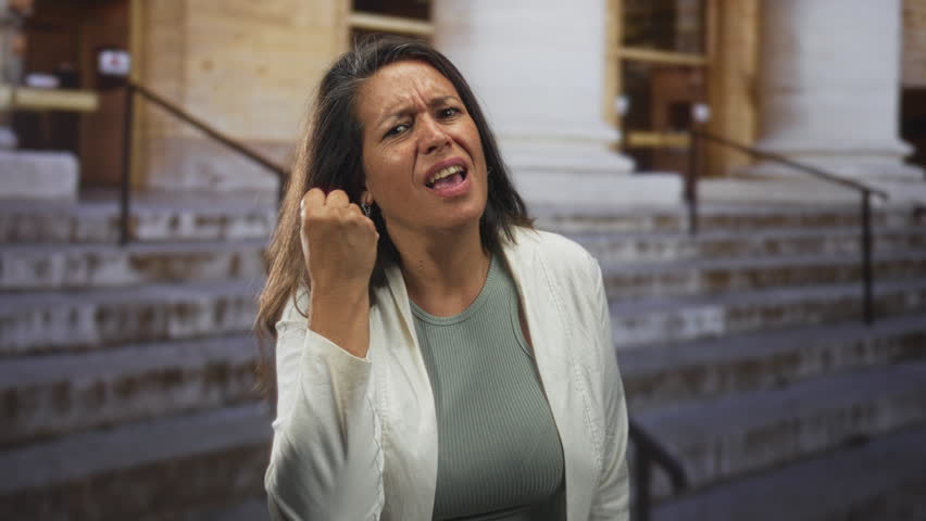 Middle age hispanic brunette woman clenches fist and scowls at the stone steps and entrance of a public building; anger defiance.