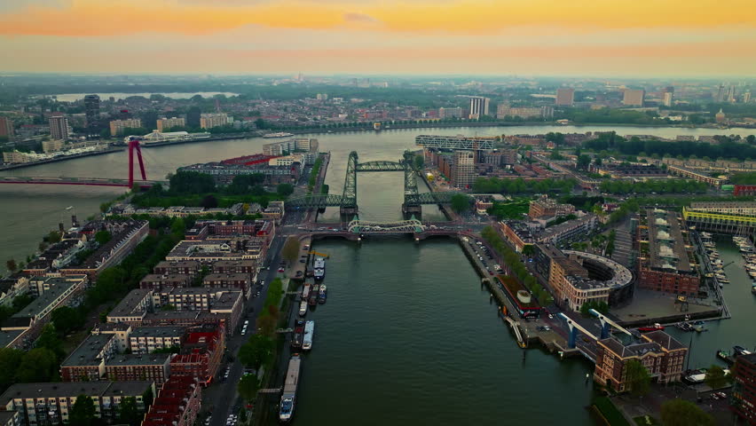 Aerial view of the city of Rotterdam, one of the largest ports in Europe. Panorama of the city with modern architecture and port infrastructure