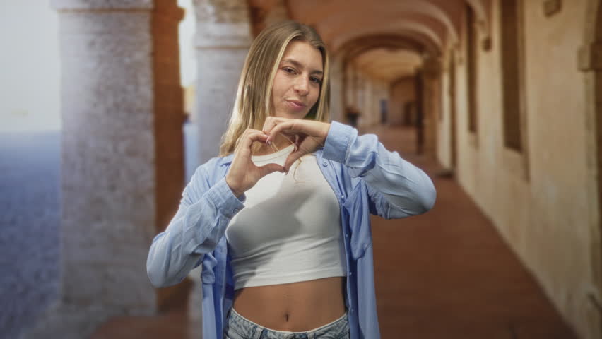 Young woman forms heart with hands, bare midriff visible in sunlit building corridor; playful connection.