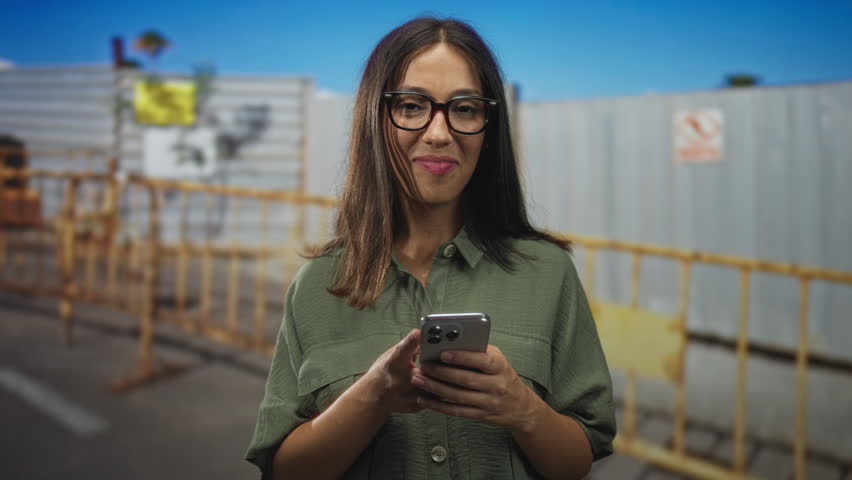 Woman holding smartphone with both hands at building site, glancing at screen and smiling; concentration connection.