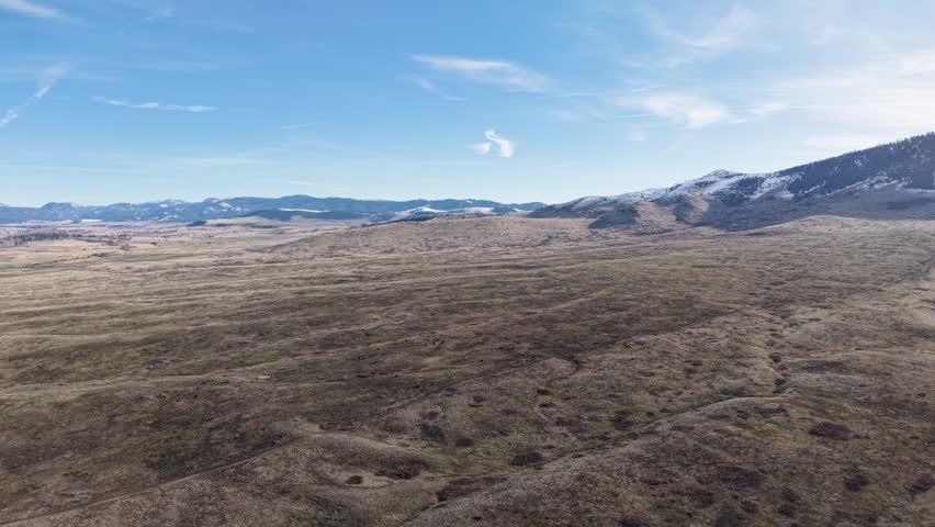 Aerial view of expansive open plains with dry grassland stretching toward distant mountain ranges under a clear blue sky in Montana