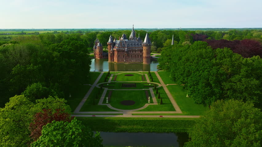 Aerial view of historic Castle de Haar, Utrecht. Historic castle built in The Netherlands