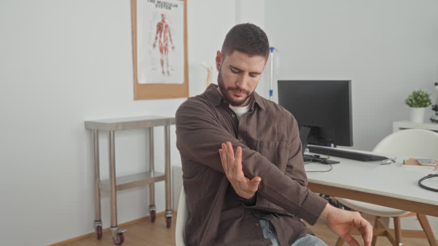 Man holding his elbow and rubbing his forearm in a clinic examination room at a doctor