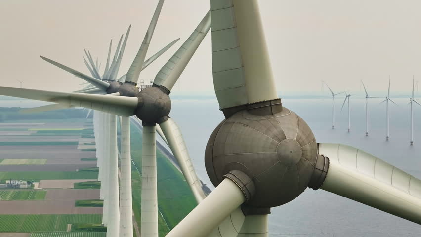 Aerial view of offshore windmill park with blue sky, windmill park in the sea, aerial view of wind turbine, Netherlands
