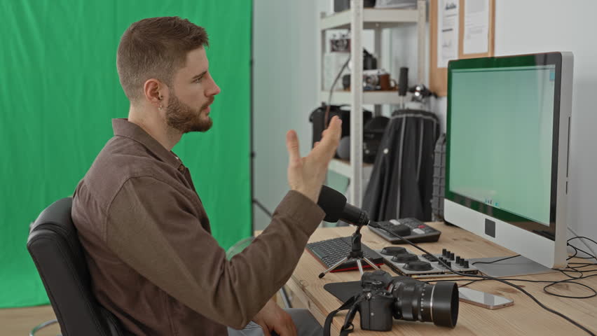 Man holding dslr camera, adjusting lens with fingers and finger on shutter in studio; attention creativity concentration.