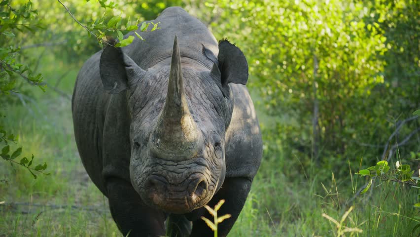Critically endangered black rhino staring and walking forward in lush african savanna, powerful horn and thick, protective skin in natural habitat