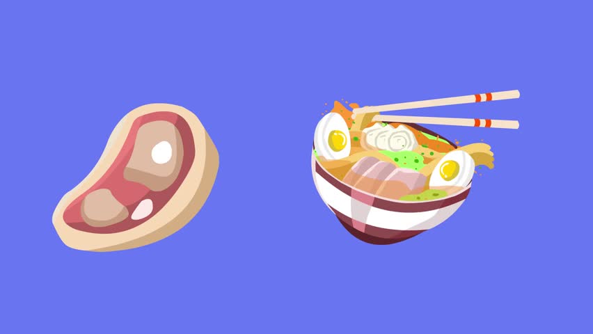 Animated video of a bowl of Japanese ramen and a steak moving on a blue background, food, 2D art.
