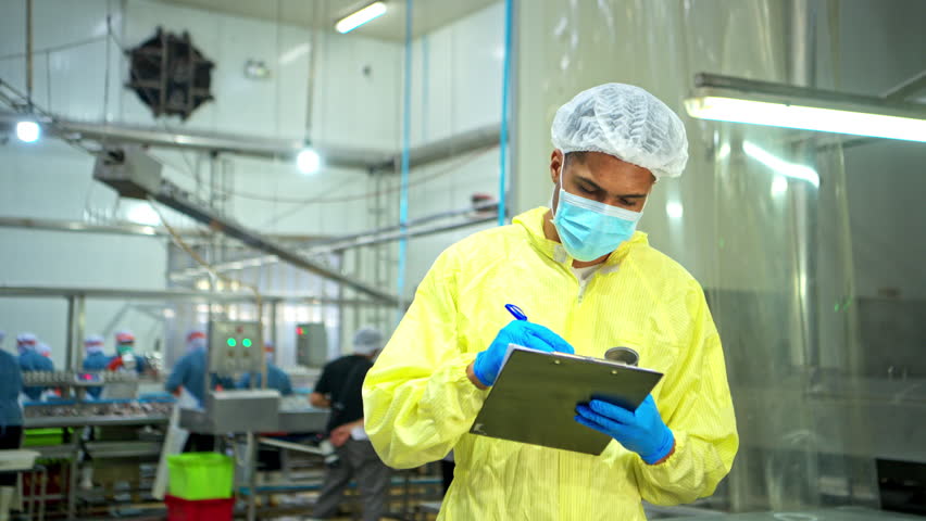 Production control supervisor inspects the can in the production line of a canned fish factory