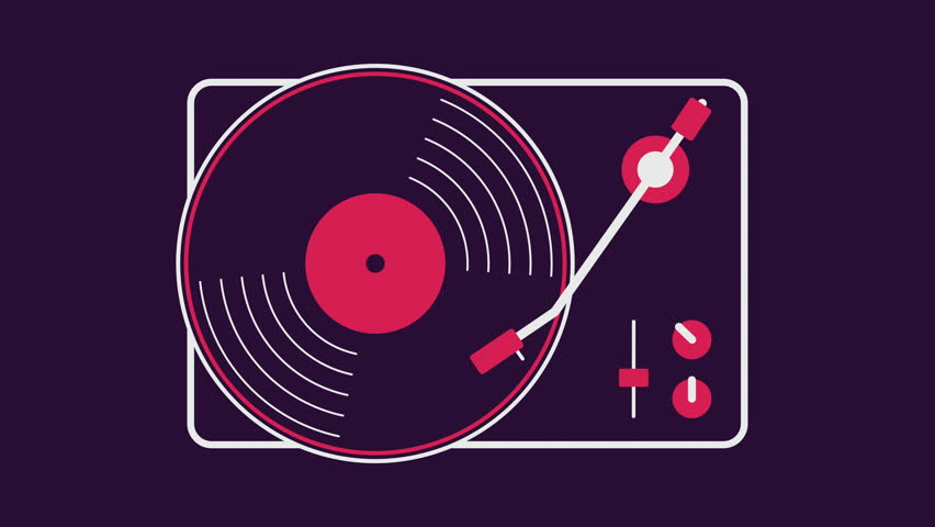 Retro Vinyl Record Player Made from Shapes on a Dark Background – Looping Animation