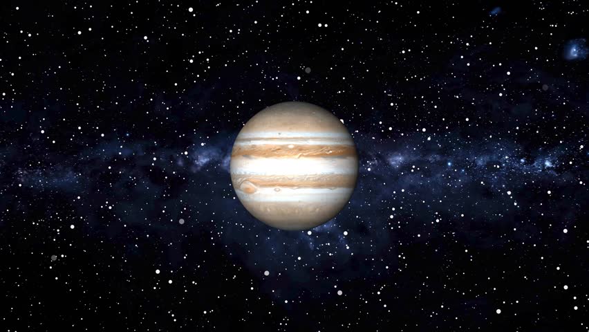 The planet Jupiter with its distinct bands and Great Red Spot is prominently displayed against a starry galaxy background. Planet Jupiter, with distinct bands and shadows, set against a starry sky.