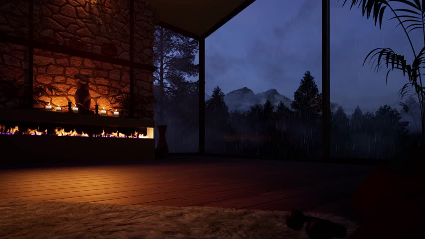 A quiet, dark room with a burning fireplace, candles, and a large window overlooking a rainforest and mountains at dusk. 3D animation.