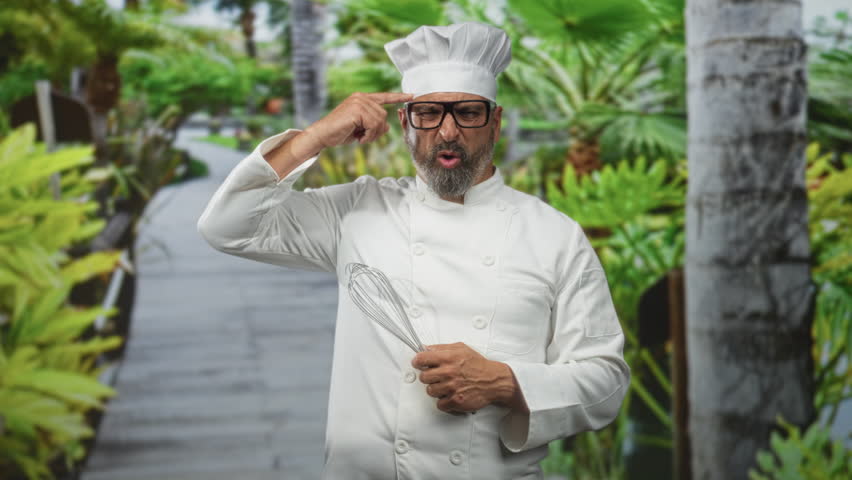 Man chef in white uniform and tall hat holding whisk, finger to temple on forest path with lush green foliage; focused thinking.