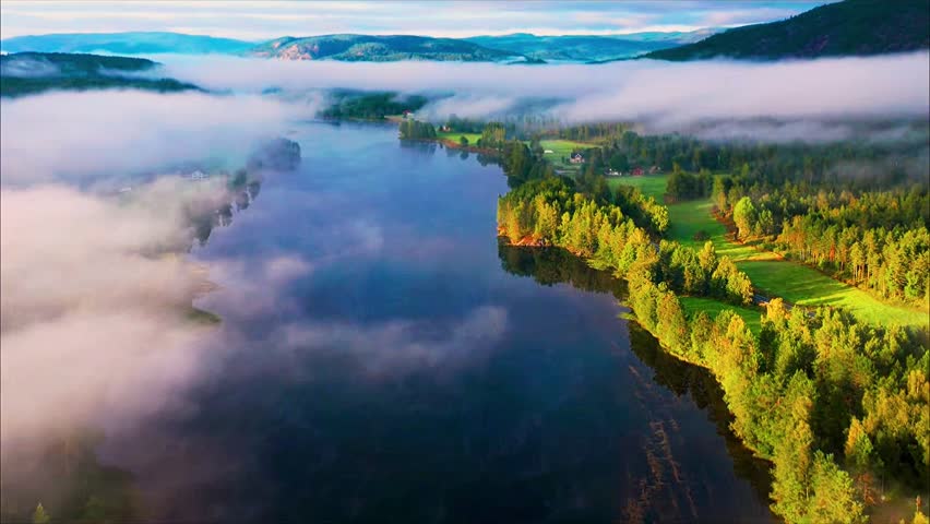 A serene aerial view of a calm lake surrounded by lush green forest under a blanket of morning fog