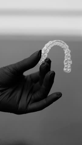 Black and white dentist hand holding transparent dental aligners