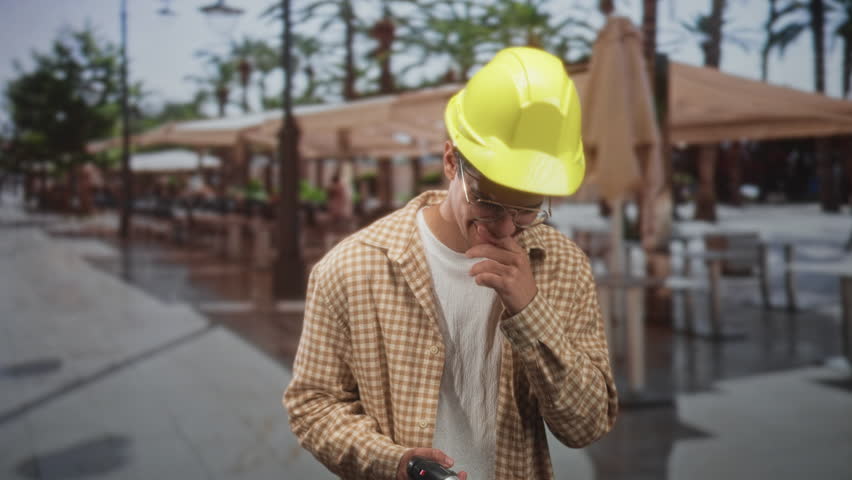 Man builder in a yellow hardhat holding a drill with one hand and hand on chest on a street lined with umbrellas and palm trees; pride.