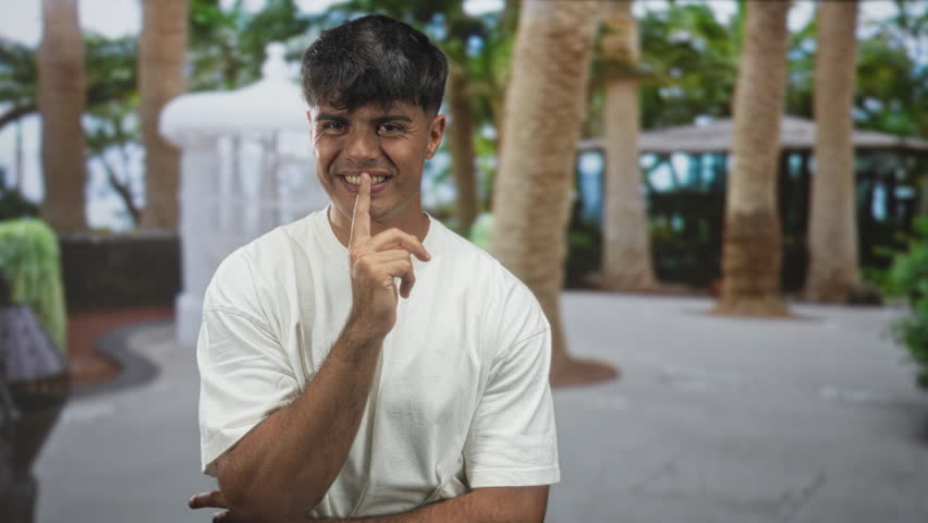Man with index finger to lips for silence in a building courtyard by a fountain and palm trees; playful mischief.