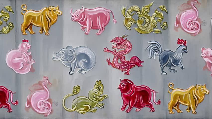 Animated repeating tile pattern of glossy embossed zodiac animals, including a pig, rooster, monkey, snake, and other stylized creatures. The figures look like translucent gel or resin relief with soft highlights and rounded edges, set on a cool gray grid of square tiles. Pastel tones and subtle color shifts give a polished 3D appearance while keeping the zodiac icons clearly readable. Works as a looping video background for event screens and digital displays.