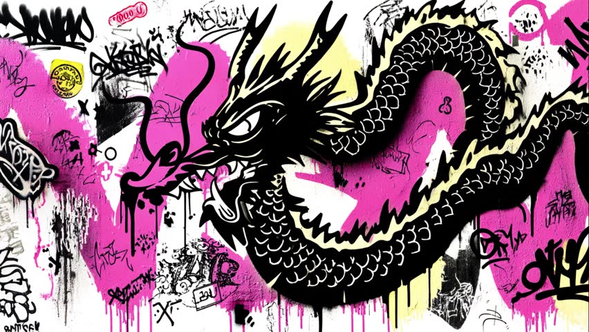 Black dragon rendered in graffiti mural style with rough inked texture, sharp teeth detailing, and yellow underbelly accent set against a layered street wall of spray tags, stickers, and paint drips. Subtle texture movement and looped layer shifts maintain continuous animated motion for event screens and digital displays. The repeating tile layout maintains consistent spacing and clear icon silhouettes across the frame. Chinese symbols not actual text.