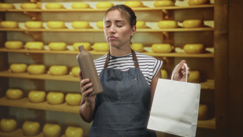 Woman cheesemonger holding ceramic bottle and white paper bag while shrugging in a cheese shop building; uncertainty decision.