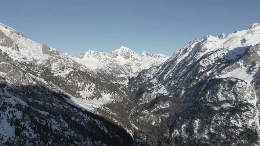 Dramatic winter landscape of the Pyrenees mountains 