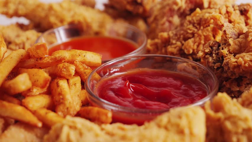 Close-up shot of hand dipping French fries into ketchup. Tasty set of French fries, chicken wings, nuggets and onion rings. Fast food concept. High quality 4k footage