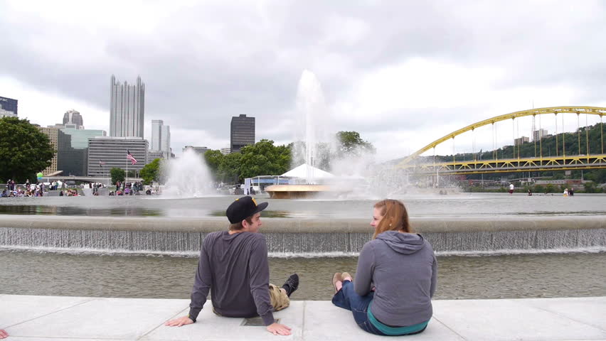 PITTSBURGH, PA - June 7, 2013 - People gather around the fountain at The Point