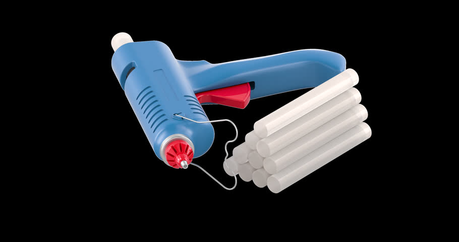 Hot glue gun with glue sticks, rotation animation seamlessly loopable. 3D rendering isolated on transparent background
