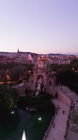 Aerial view of parc de la ciutadella fountain in barcelona at sunset