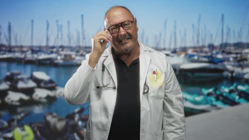 Man doctor in white labcoat with stethoscope and pocket pens, hand on chin touching face in studio; thoughtful confidence.