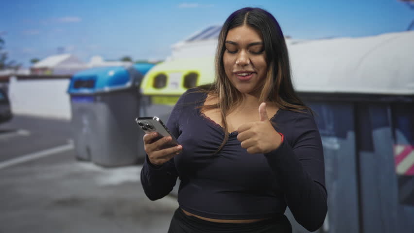 Plus size hispanic woman holding smartphone and scrolling with both hands while standing by large recycling bins on street; easygoing contentment.