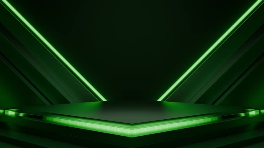 Seamless loop 3d render dark green podium stage with glowing neon geometric lines	