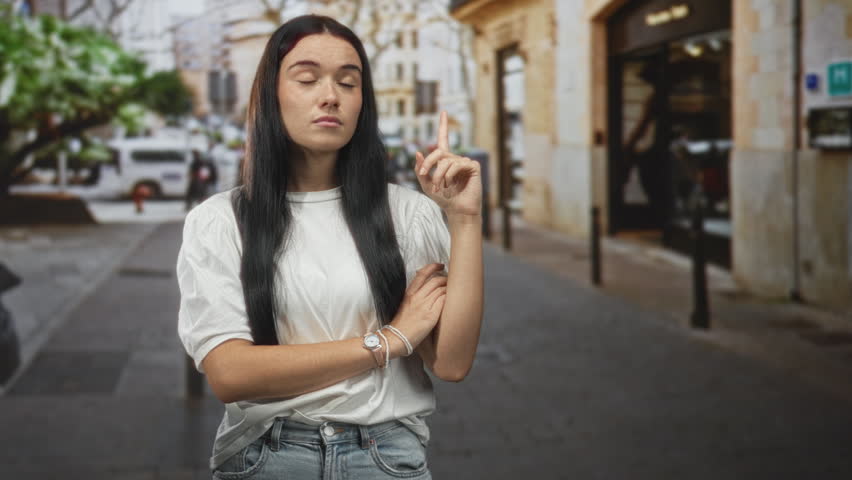 Young hispanic woman with crossed arms pointing index finger upward showing wristwatch on a busy cobblestone city street; confidence poise.