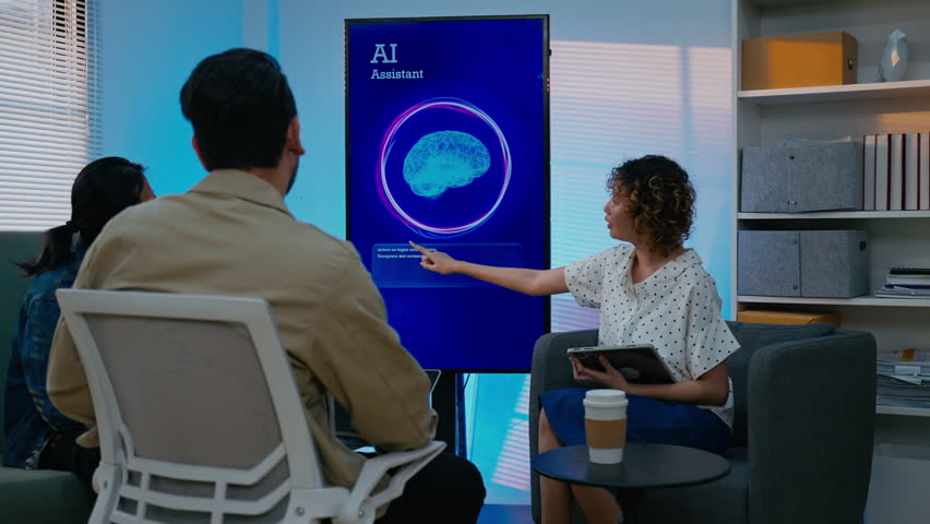 Diverse creative team use Ai Assistant (artificial intelligence assistant) on AI-assisted display for Marketing Data Analyst meeting at office.Coding team,develop Ai Assistant,business brainstorming