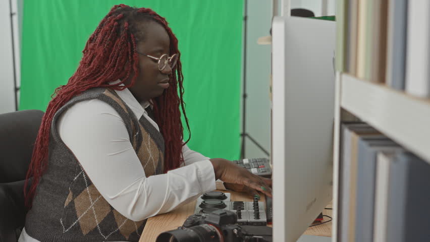 Woman photographer editing on computer with hands on controller in studio; concentration creativity focus.
