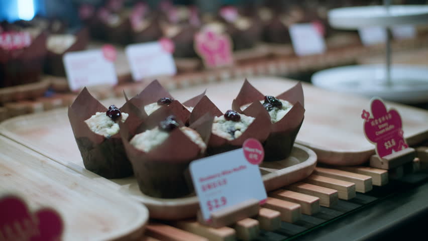 Close-up of delicious Asian desserts in a restaurant window.