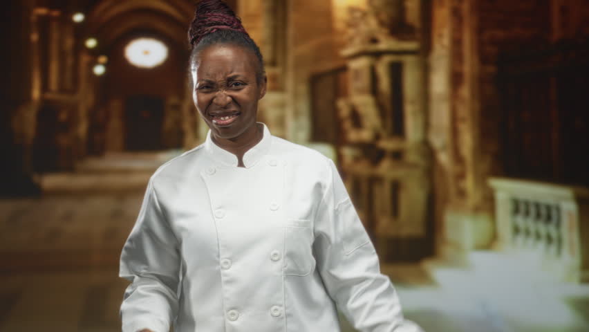 Young african american woman chef grimacing and waving hand in building corridor while wearing white uniform; annoyance dismissal.
