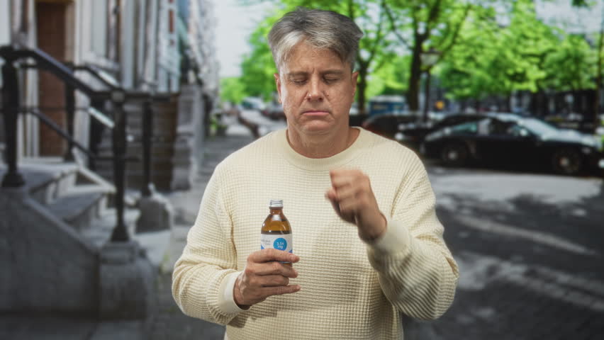 Man holding medicine bottle on street stoop, eyes closed and frowning while inspecting label, urban sidewalk behind; health concern.