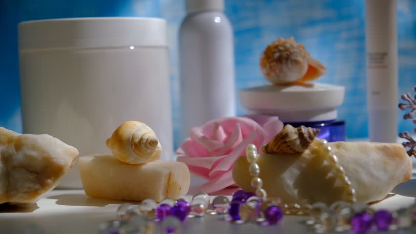 Variations SPA natural organic cosmetics for body skin care on the table with decorations. Beauty luxury products packaging, branding.