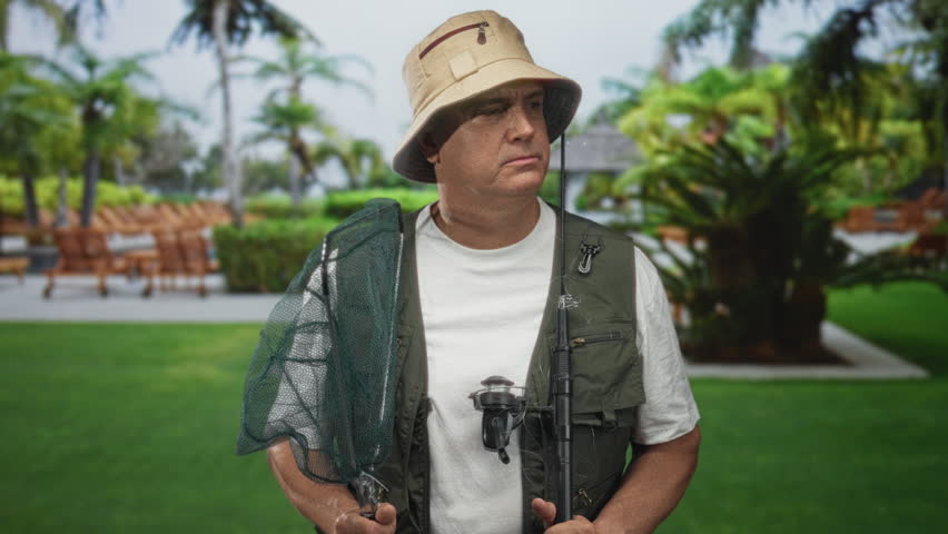 Man wearing bucket hat holds fishing net and rod while wearing a fishing vest, standing on a resort garden lawn with palm trees and lounge chairs; serenity patience solitude.