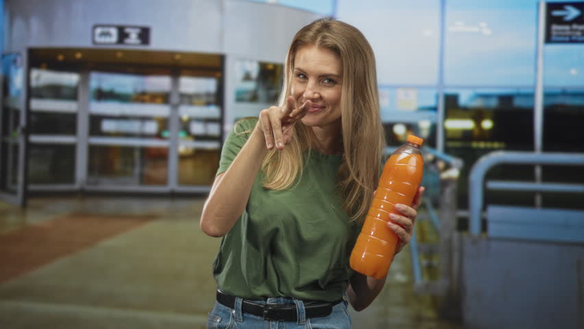 Blonde woman holding orange juice bottle points finger toward camera at airport entrance; cheerful refreshment.