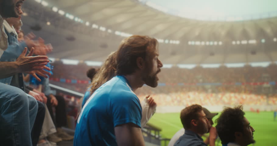 Diverse Soccer Supporters Celebrate in a Packed Stadium During a Professional League Match, With Close-up Portraits of Smiling Fans in Blue Applauding, to a International Cup Winning Team