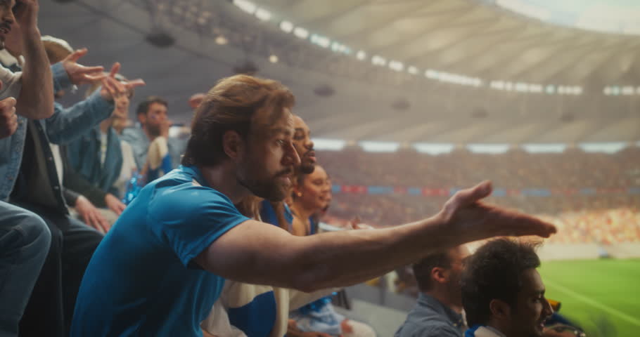 Diverse Soccer Supporters Celebrate in a Packed Stadium During a Professional League Match, With Close-up Portraits of Smiling Fans in Blue Applauding, to a International Cup Winning Team
