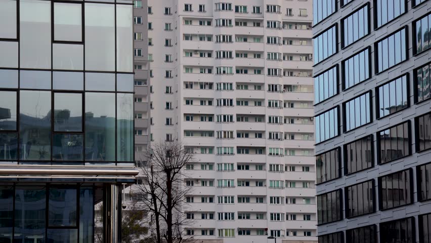 Apartments and office buildings in Warsaw city, Poland, 4k