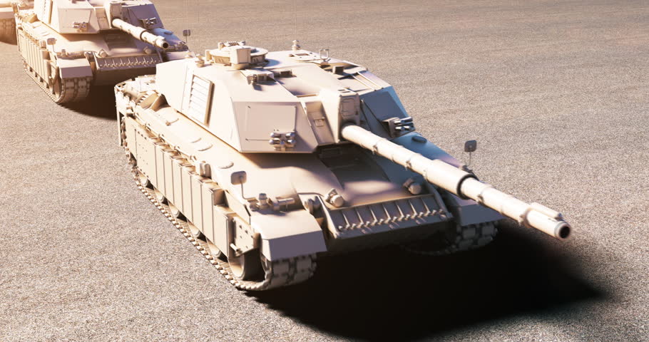 Powerful armored tank moving in slow motion during battle. World War Related 3D Animation.