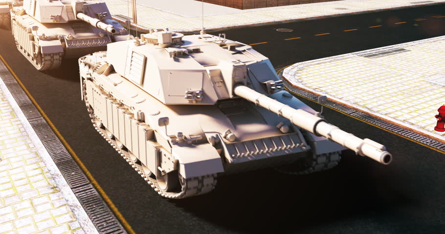 Row of heavy armored tanks on a concrete runway in a city. World War Related 3D Animation.