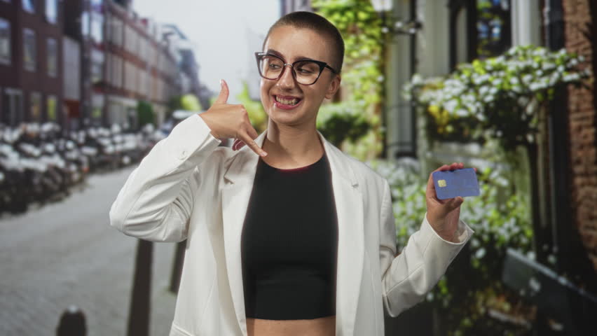 Woman with short hair and glasses holds creditcard and makes a call gesture with thumb to ear while smiling on a street with bicycles and brick buildings; playful.