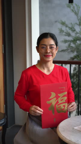 A joyful portrait of a woman in red, celebrating Lunar New Year and holding a red envelope. The gold character means 
