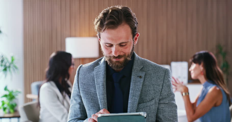 Face, man and tablet in office with journalist, meeting and opportunity or ambition. Confident, reporter and person with smile for career development, digital media and laugh in coworking newsroom