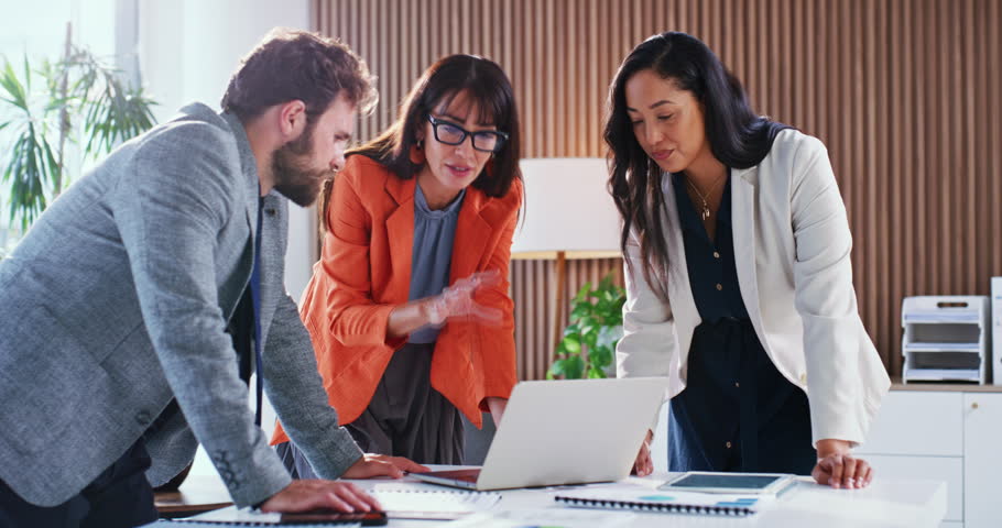 Business, people or meeting with laptop in office for financial review, ROI stats or revenue growth. Finance manager, team and tech with feedback for KPI performance, goal setting and monthly update