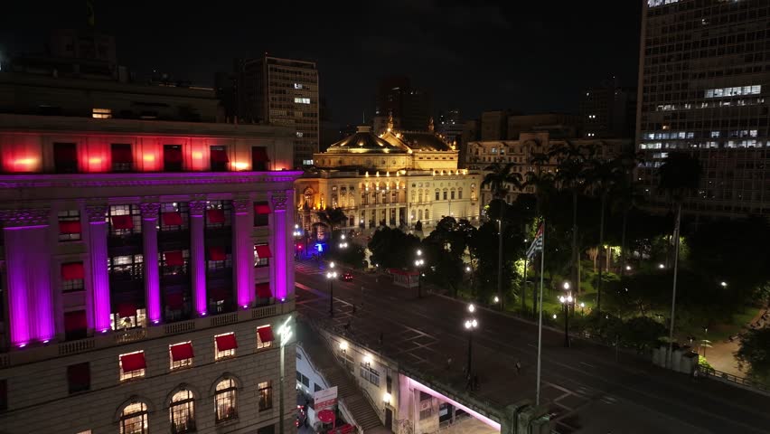 Municipal Theater In Sao Paulo Brazil. Medieval Building In A Bustling City Viewed From Above. Building Metropolitan Skyline High Rise Building Vibrant. High Rise Building Enterprise Night.